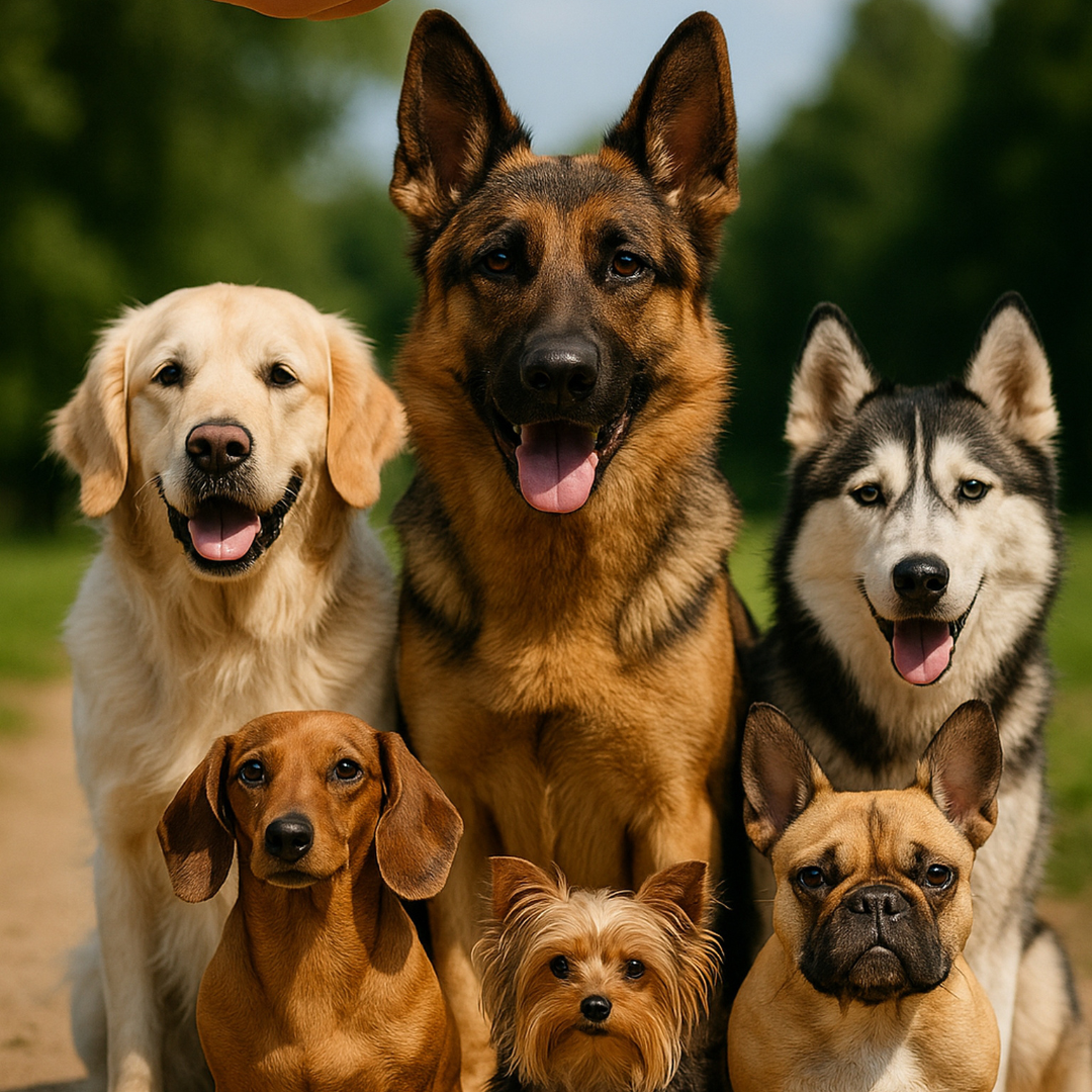 Plusieurs chiens de races différentes assis côte à côte — bien choisir son futur chien